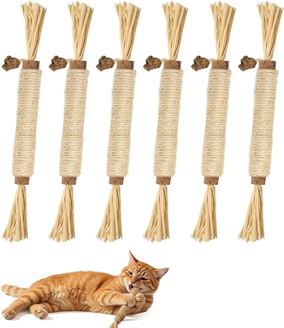 Silvervine Sticks Cat Toys 6 Pack Natural Matatabi Dental Chew Sticks with Raffia for Cats and Kittens Indoor Play and Teeth Cleaning