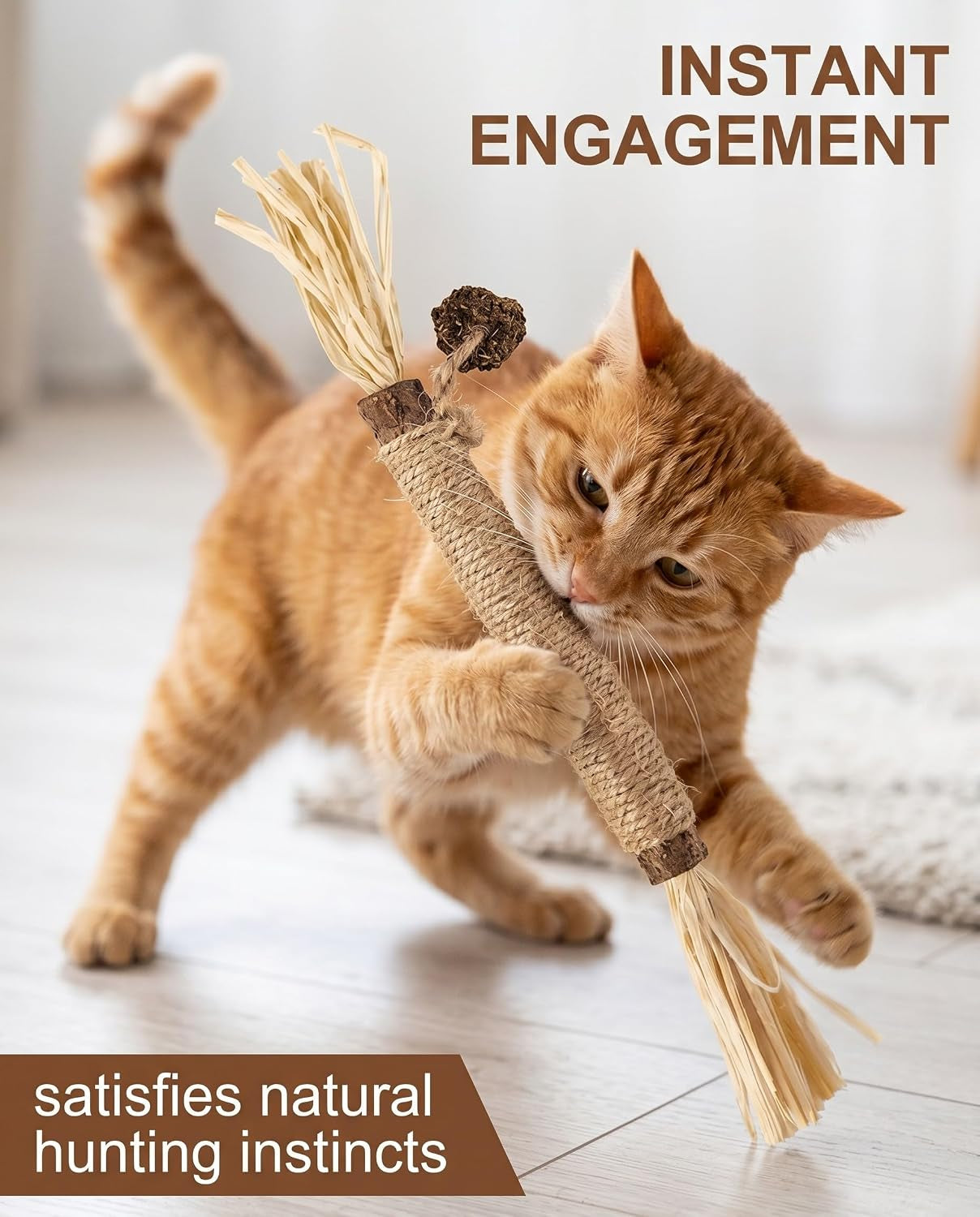 Silvervine Sticks Cat Toys 6 Pack Natural Matatabi Dental Chew Sticks with Raffia for Cats and Kittens Indoor Play and Teeth Cleaning