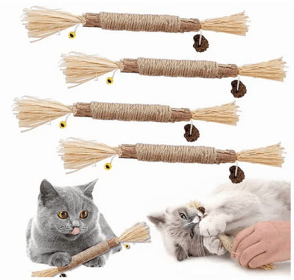 Set of 4 Cat Chew Sticks with Catnip and Cat Grass for Dental Health and Interactive Play