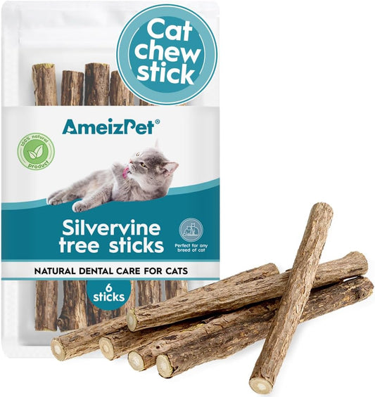 Natural Matatabi Catnip Chew Sticks for Dental Care - Silvervine Teeth Cleaning for Cats (6 Pieces)