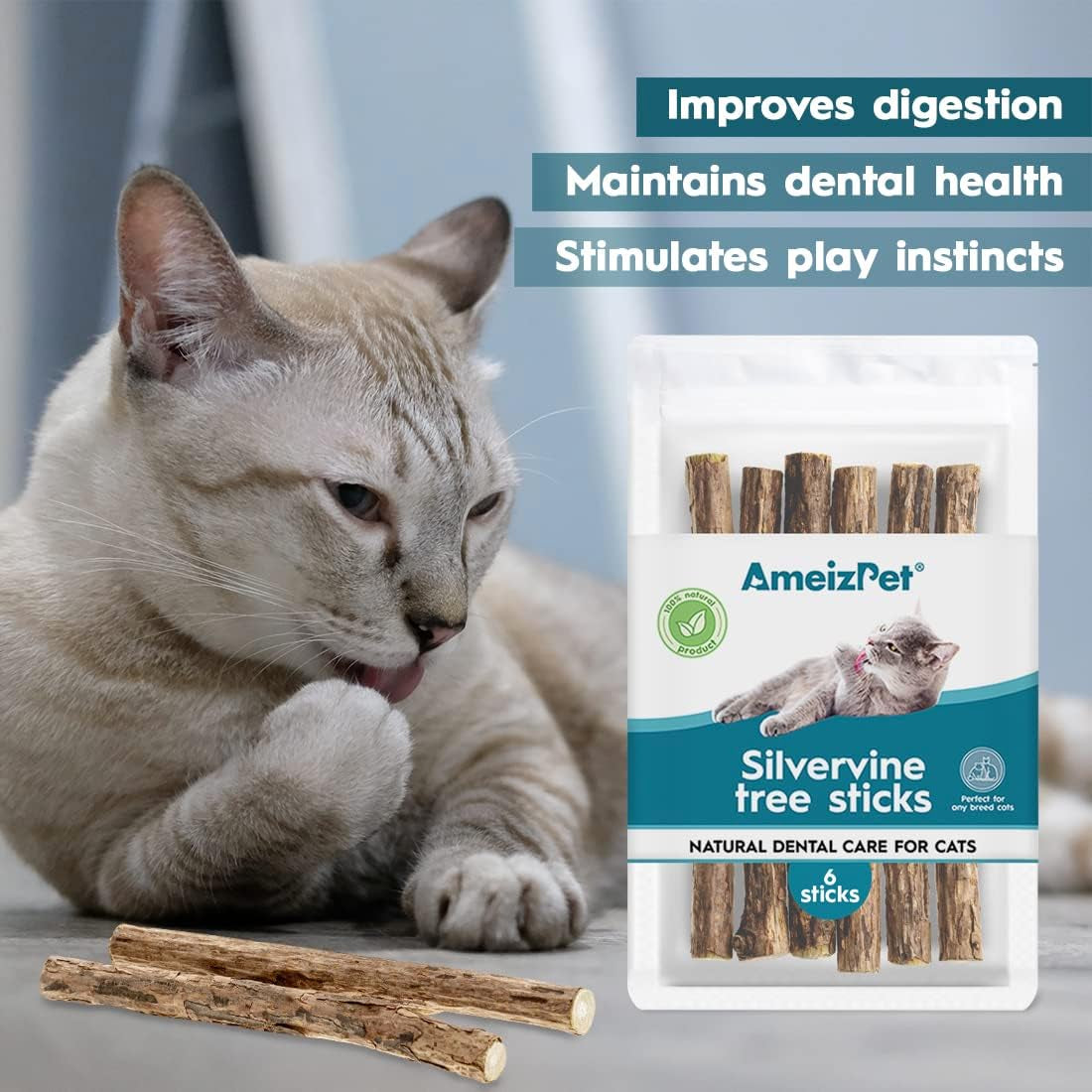 Natural Matatabi Catnip Chew Sticks for Dental Care - Silvervine Teeth Cleaning for Cats (6 Pieces)