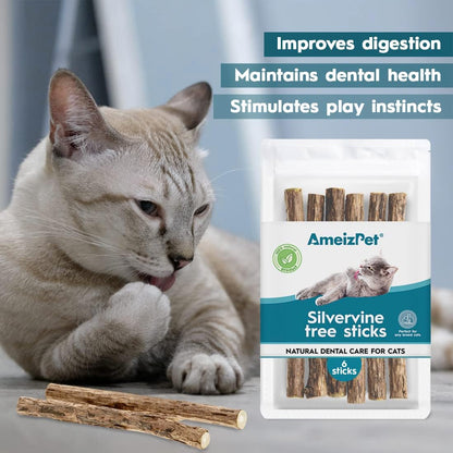 Natural Matatabi Catnip Chew Sticks for Dental Care - Silvervine Teeth Cleaning for Cats (6 Pieces)