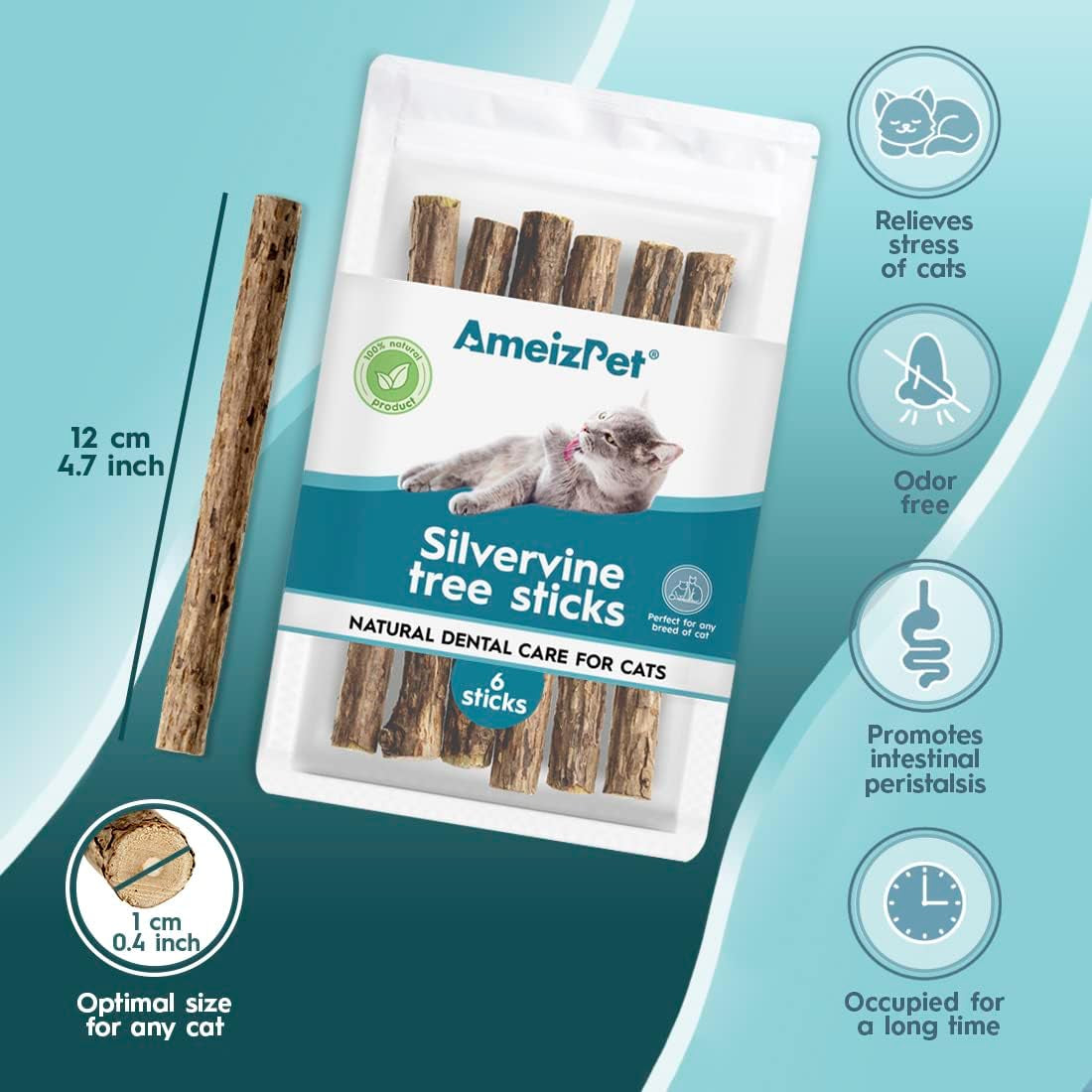 Natural Matatabi Catnip Chew Sticks for Dental Care - Silvervine Teeth Cleaning for Cats (6 Pieces)
