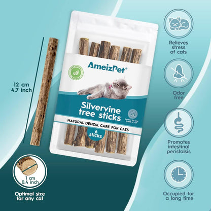 Natural Matatabi Catnip Chew Sticks for Dental Care - Silvervine Teeth Cleaning for Cats (6 Pieces)